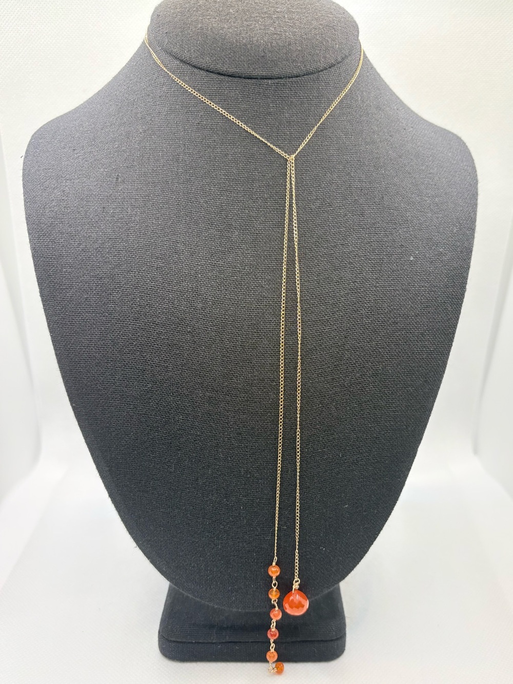 Vintage Delicate Carnelian Faceted Bead Lariat Necklace Goldtone 26” Adjustable